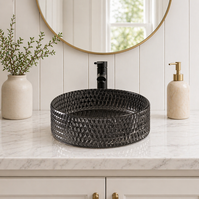 Bassino Modern Transparent Glass Wash Basin | Stylish Countertop Wash Basin for Bathroom–360x360x120 mm Black