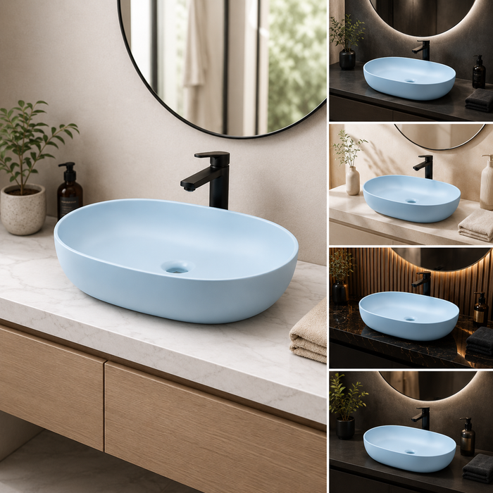 Designer Oval Countertop Wash Basin | (24" × 17" × 6" IN) Matte Finish Bathroom Sink Aqua Blue