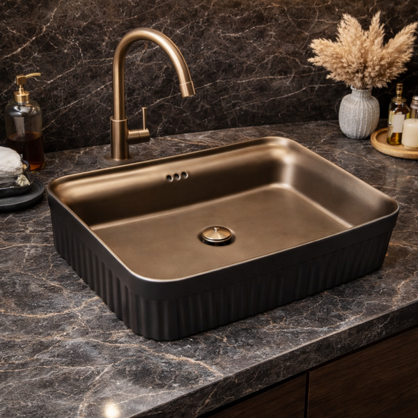 BASSINO Imperial Fluted Black-Bronze Ceramic Vessel Sink (24 x 14 x 6 Inches)