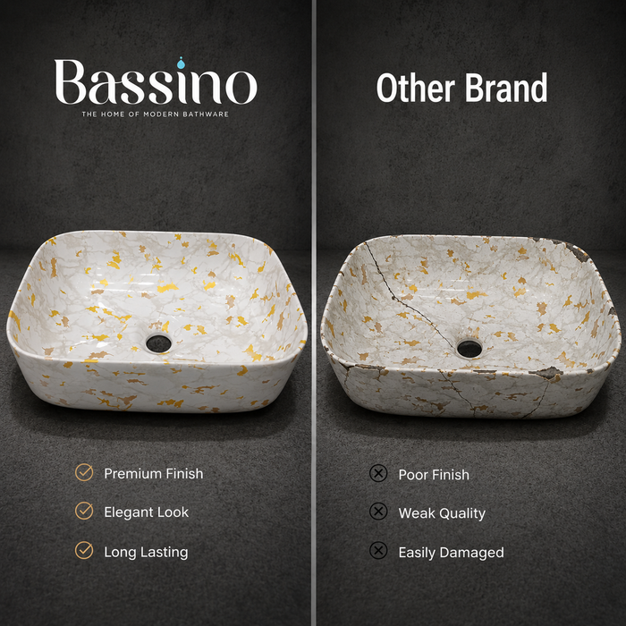 Bassino White & Gold Marble Countertop Wash Basin – Premium Ceramic Vessel Sink (15.7" x 11.8" x 5.5")