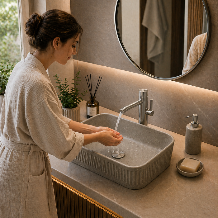 Bassino Grey Stone Textured Rectangular Countertop Wash Basin – Modern Ceramic Vessel Sink (20" x 14" x 5")