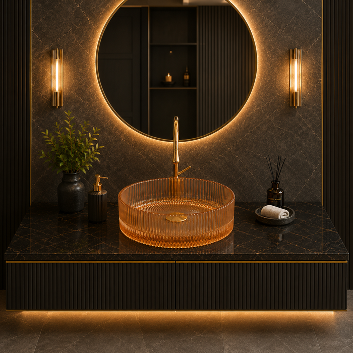 Bassino 16" Luxury Ribbed Glass Countertop Wash Basin – Premium Amber Gold Round Designer Vessel Sink (15.7" x 15.7" x 4.7")