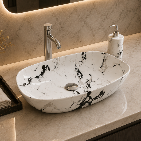Bassino 24" Marble Pattern Oval Countertop Wash Basin – Premium Ceramic Vessel Sink, White & Black Marble Finish (23.6" x 15" x 5.5")
