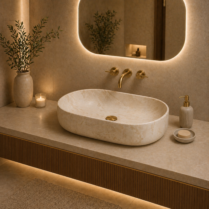 Bassino Marble Finish Ceramic Oval Countertop Wash Basin – Luxury Vessel Sink (22" x 14" x 6")