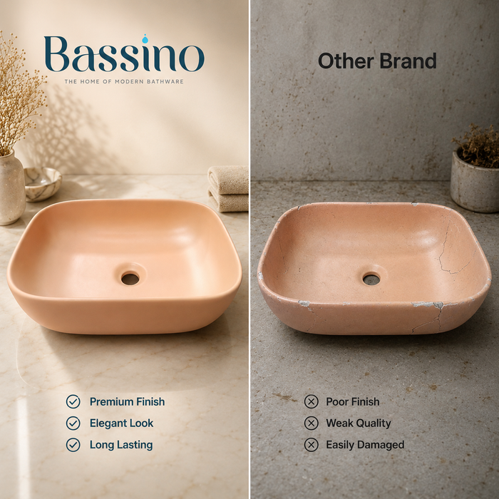 Bassino Matte Peach Countertop Wash Basin – Modern Ceramic Vessel Sink (17.9" x 12.8" x 5.5")