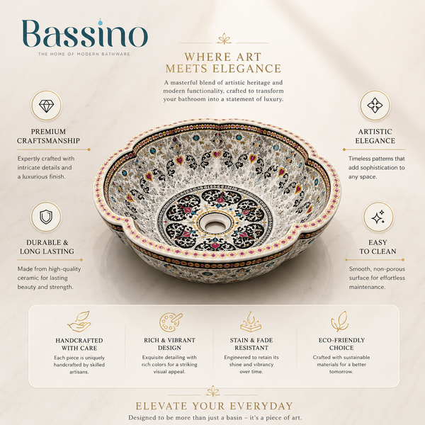 Bassino Designer Table Top Wash Basin– 16.5 × 16.5 × 6 Inches | Imported Luxury Basin