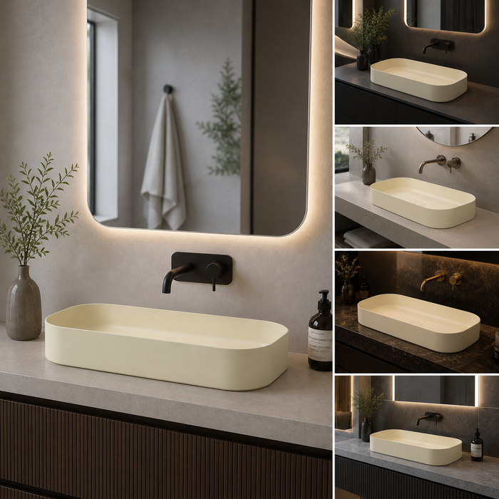 Bassino Modern Melamine Wash Basin | Stylish Countertop Wash Basin for Bathroom–800x350x125 mm Beige