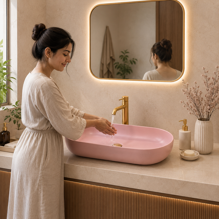 Bassino Oval Table Top Wash Basin | Premium Countertop Ceramic Bathroom Sink | Matte Pink Vessel Basin | 31 x 16 x 5 Inch