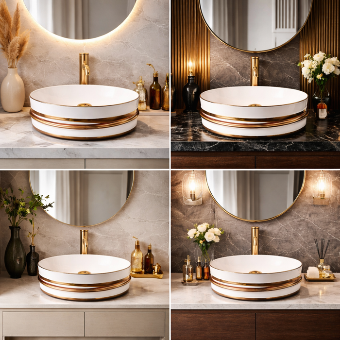 Bassino Luxury Round Ceramic Countertop Wash Basin with Premium Gold Accents