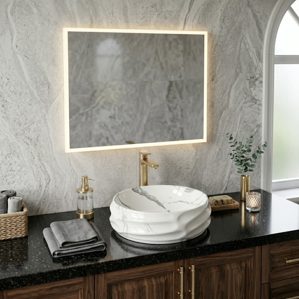 Bassino Round Marble Texture Countertop Wash Basin – Premium Ceramic Vessel Sink (17.9" x 15" x 6.7")