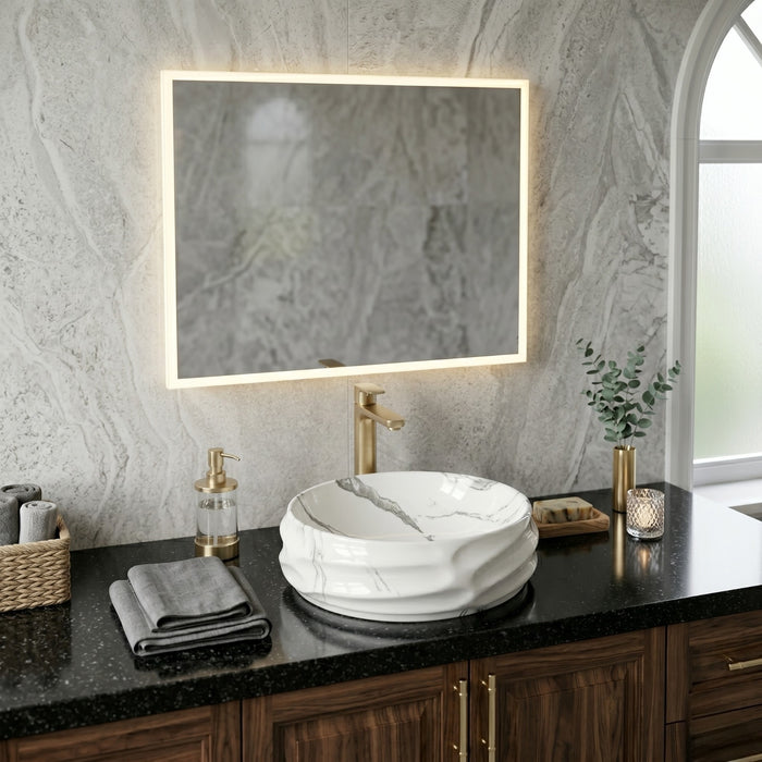 Bassino Round Marble Texture Countertop Wash Basin – Premium Ceramic Vessel Sink (17.9" x 15" x 6.7")