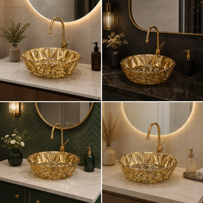 Bassino 16" Luxury Crystal Cut Countertop Wash Basin – Premium Golden Glass Designer Vessel Sink (15.9" x 15.9" x 5.1")