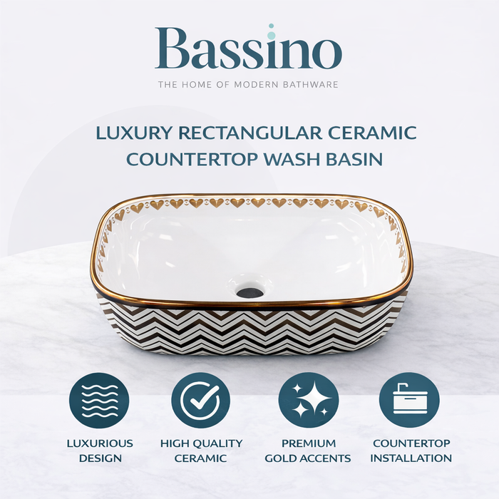 BASSINO Chevron Heart Gilded Ceramic Vessel Sink (18 x 13 x 6 Inches)