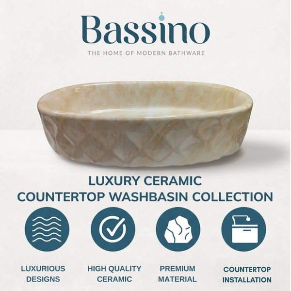 Bassino Oval Marble Finish Countertop Wash Basin – Luxury Ceramic Vessel Sink (19.7" x 12.6" x 5.5")