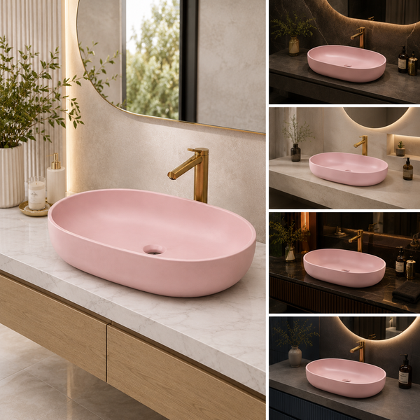 Designer Oval Countertop Wash Basin | (24" × 17" × 6" IN) Matte Finish Bathroom Sink Pink