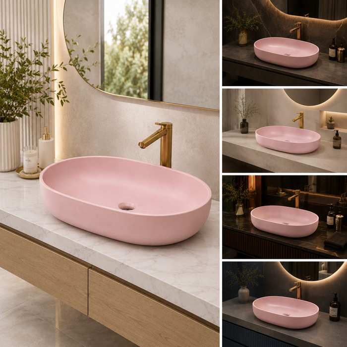 Designer Oval Countertop Wash Basin | (24" × 17" × 6" IN) Matte Finish Bathroom Sink Pink