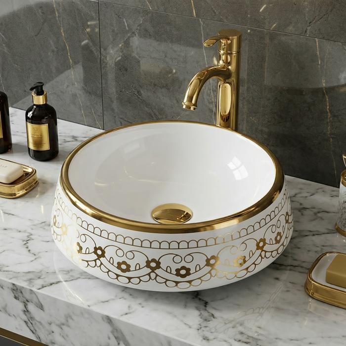 Luxury Round Ceramic Basin | Gloss Counter Top Wash Basin | 16x16x6 inch | White With Gold Detailing