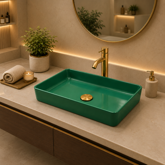 Bassino 24" Green Rectangular Countertop Wash Basin – Modern Luxury Ceramic Vessel Sink (23.6" x 13.8" x 4.3")