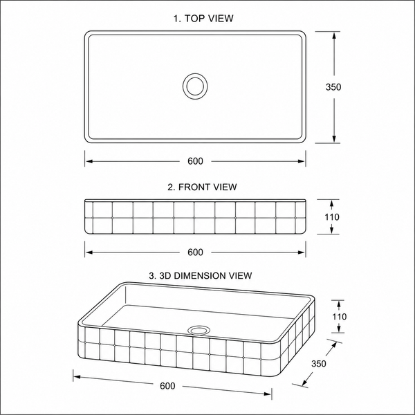 Bassino 24" Rectangular Countertop Wash Basin – Designer Mosaic Ceramic Vessel Sink (23.6" x 13.8" x 4.3")