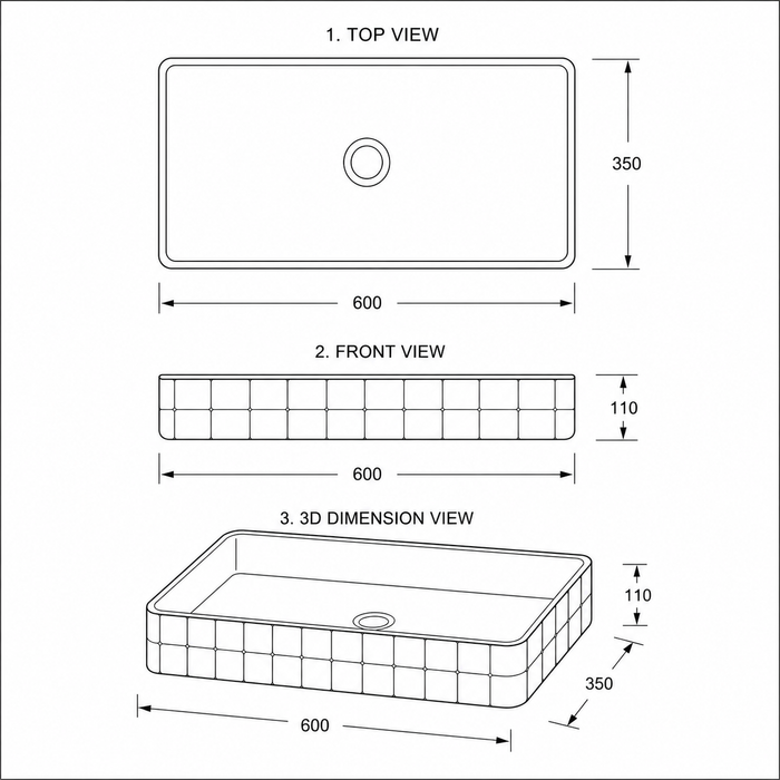 Bassino 24" Rectangular Countertop Wash Basin – Designer Mosaic Ceramic Vessel Sink (23.6" x 13.8" x 4.3")