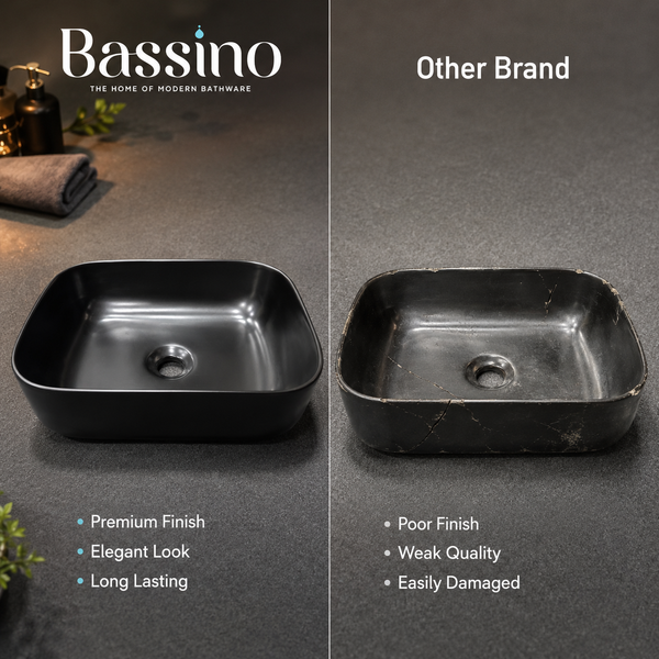 Bassino Matte Black Countertop Wash Basin – Modern Rectangular Ceramic Vessel Sink (16.5" x 12.6" x 5.5")