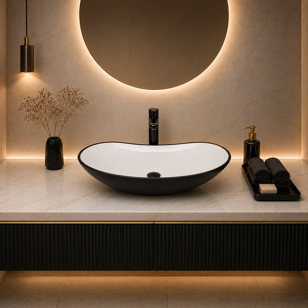 Bassino 25" Dual-Tone Oval Ceramic Countertop Wash Basin – Black Exterior & White Interior Vessel Sink (625 x 370 x 140 mm)