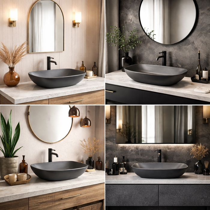 BASSINO Slate Matte Black Boat-Style Vessel Sink (18 x 13 x 5 Inches)