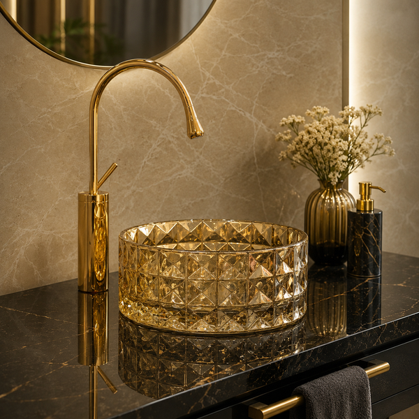 Bassino 12" Luxury Crystal Cut Glass Countertop Wash Basin – Premium Amber Gold Round Designer Vessel Sink (11.8" x 11.8" x 5.1")