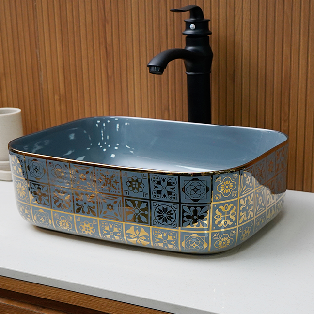 Designer Table Top Basin (16 x 12 x 6 In) BTT-11371-IN,Grey-Gold