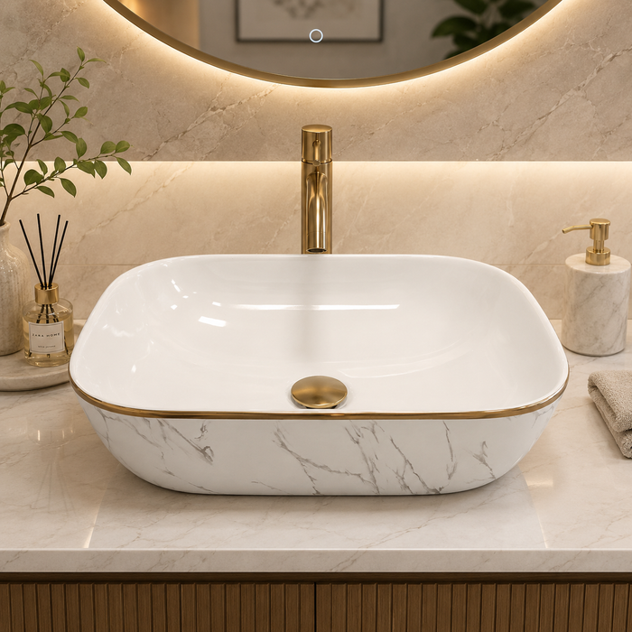 Bassino Marble Finish Table Top Wash Basin | Premium Countertop Ceramic Bathroom Sink | White Basin with Gold Rim 18 x 13 x 5 Inch