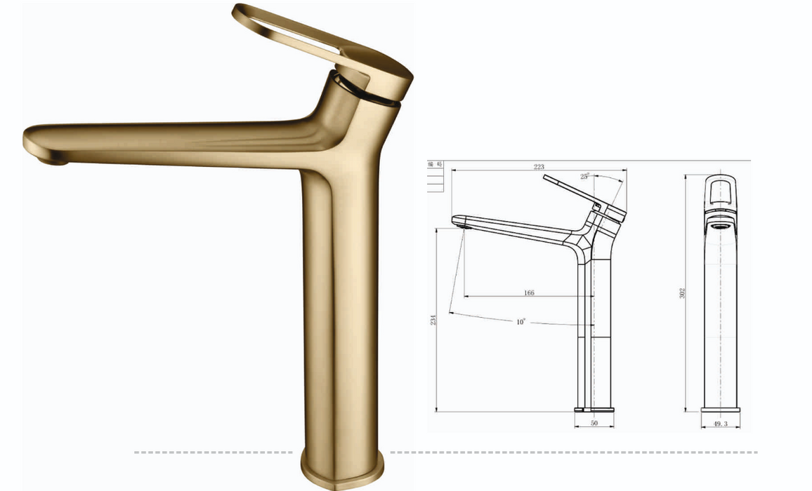 Premium Brass Tall Basin Mixer Tap – Brushed Gold Finish Tall Size (NCGF 502) – 5 Years Warranty