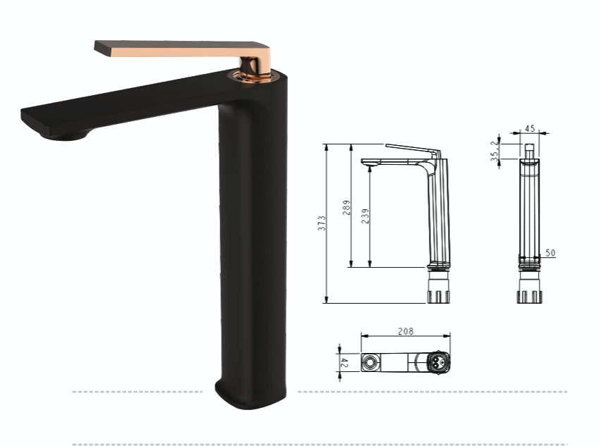 Premium Brass Tall Basin Mixer Faucet, Black Body with Rose Gold Handle (Hot & Cold) NCGF-510 – 5 Years Warranty