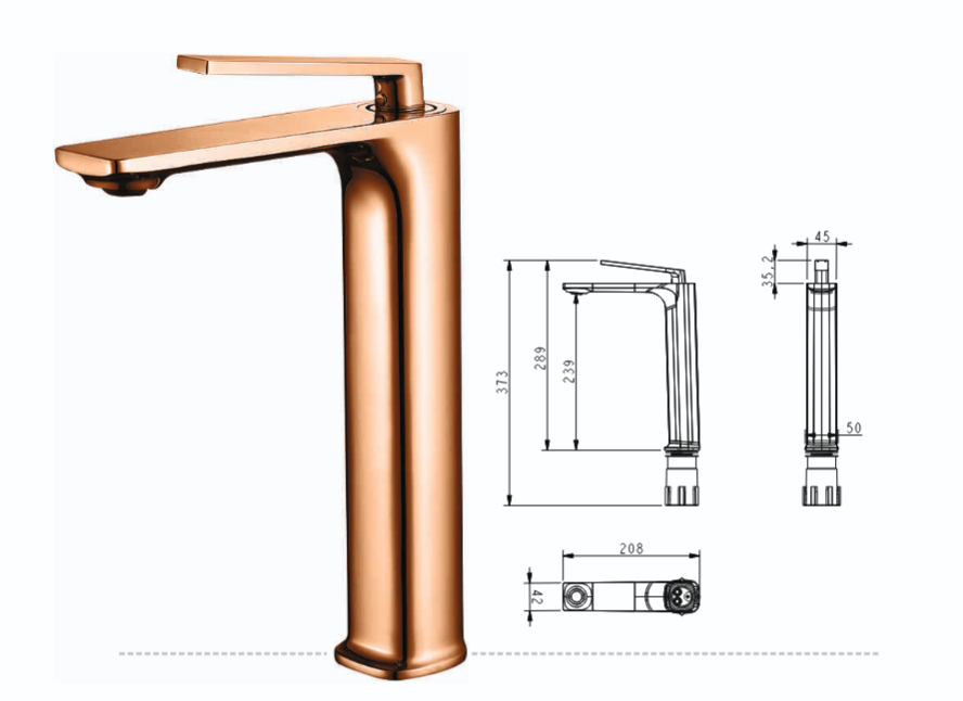 Premium Brass Tall Basin Mixer Faucet, Brushed Rose Gold Finish (Hot & Cold) NCGF-512 – 5 Years Warranty