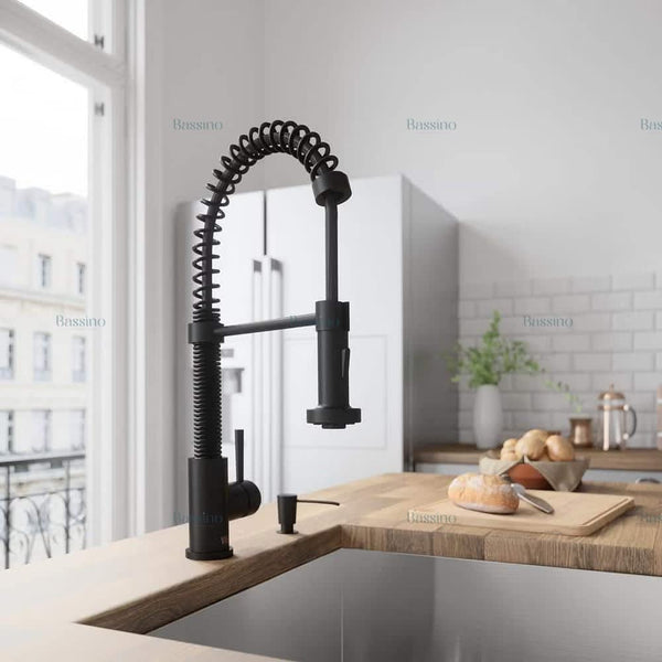 BASSINO Kitchen Faucet Brass Single Lever Kitchen Sink Tap Faucet Mixer Tap Pullout Sprayer with Multi-Function Spray Head Technology Sink Faucet 360° Rotatable Kitchen Water Tap (Black) BTT-2100
