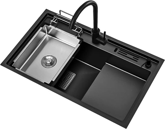 Kitchen Sink 304 Stainless Steel Single Sink Household Pool Sink Black Pedestal Sink Workplace Kitchen Sink with Pull-Out Faucet