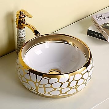 BASSINO Wash Basin Countertop, Ceramic Bathroom Sink/Basin, Golden, Metallic Finish(400 x 400 x 150 mm)