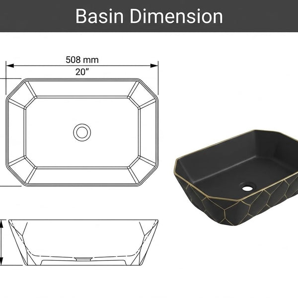 Premium Black Gold Ceramic Table Top Basin (20x14x6 In) BTT-1377