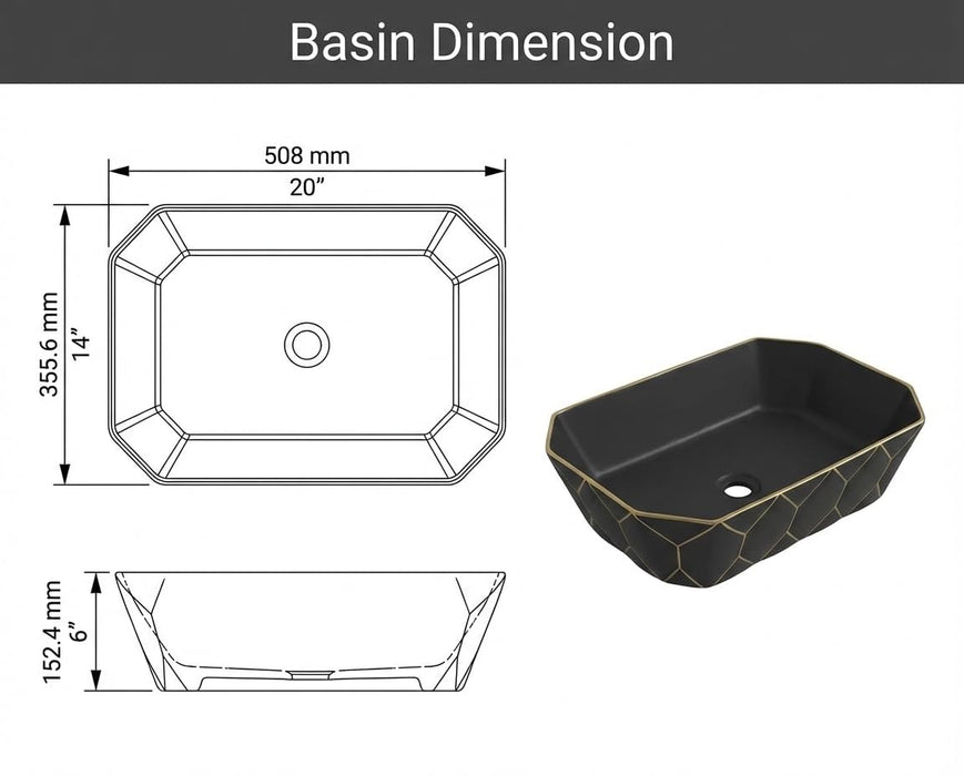Premium Black Gold Ceramic Table Top Basin (20x14x6 In) BTT-1377