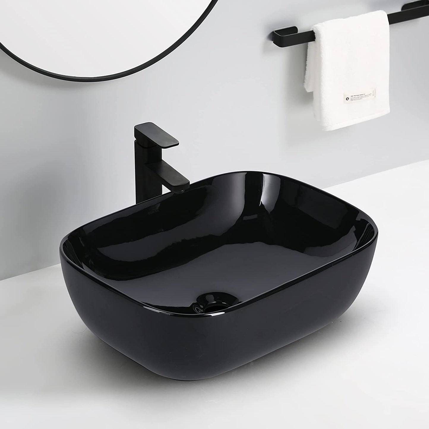 BASSINO Art Premium Ceramic Countertop or Tabletop Glossy Designer Rectangle Shape Handwash Sink Wash Basin (Black, 18 x 13 x 5.5 Inch)