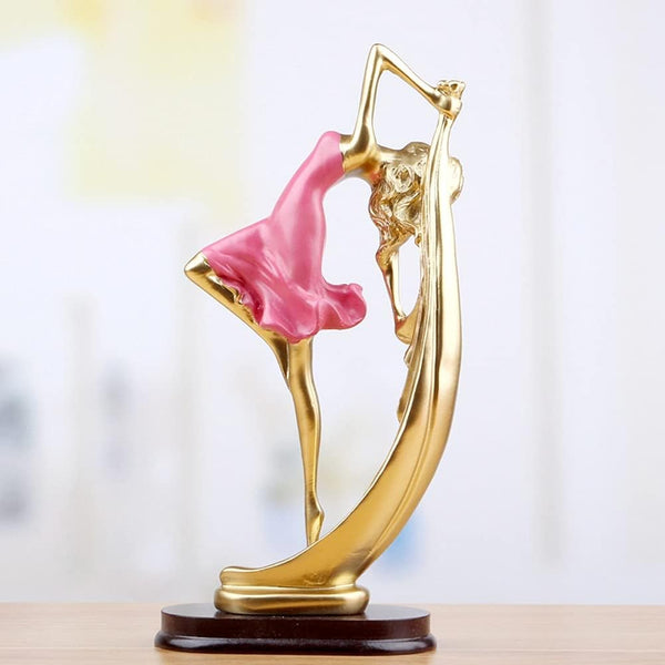 Elegant Golden Dancer Sculpture with Flowing Pink Dress – Modern Art Figurine for Home Decor (BSP-1230) L 11 W 6 H 21 CM