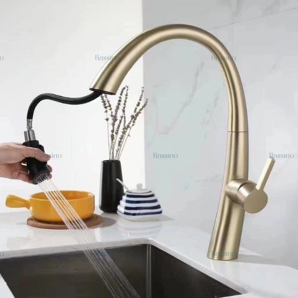 Brass Kitchen Faucet Luxury Design Pull Out Kitchen Faucet Tap Single Hole 360° Rotatable/Dual Water Flow System Kitchen Sink Tap Faucet (Gold) BTT-2104