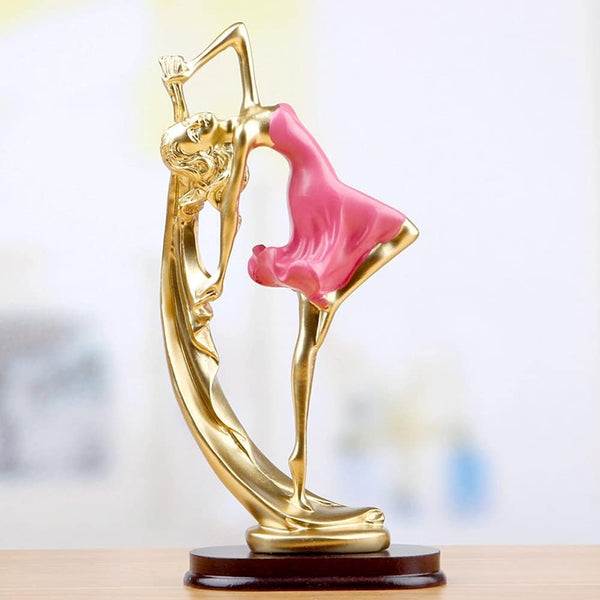 Elegant Golden Dancer Sculpture with Flowing Pink Dress – Modern Art Figurine for Home Decor (BSP-1230) L 11 W 6 H 21 CM