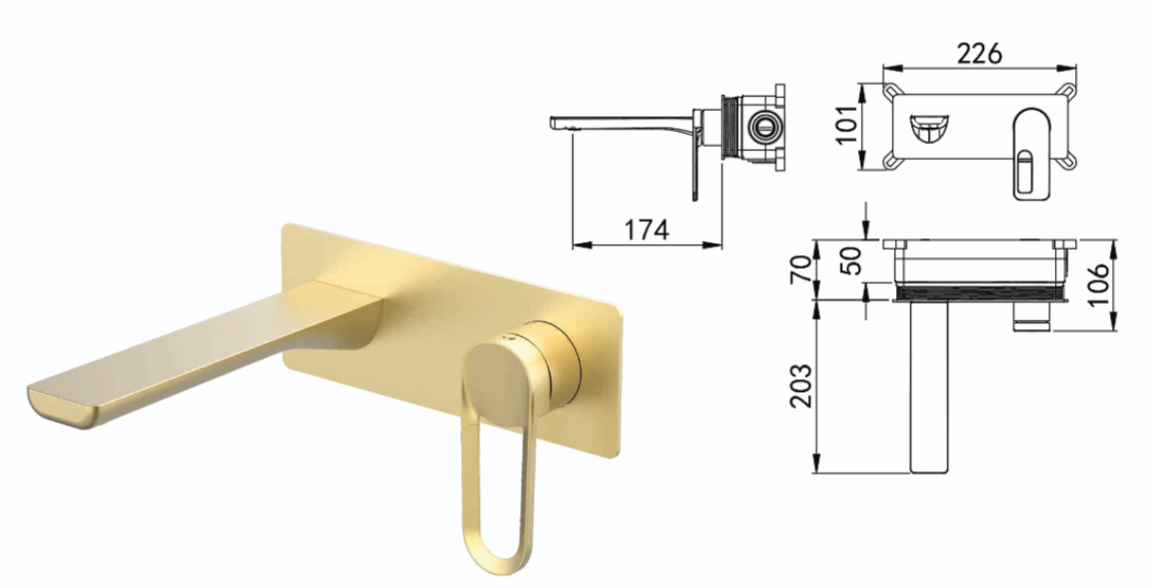 BASSINO Wall Mount Basin Mixer | Concealed Installation | Modern Designer Faucet - 5 Years Warranty Brushed Gold