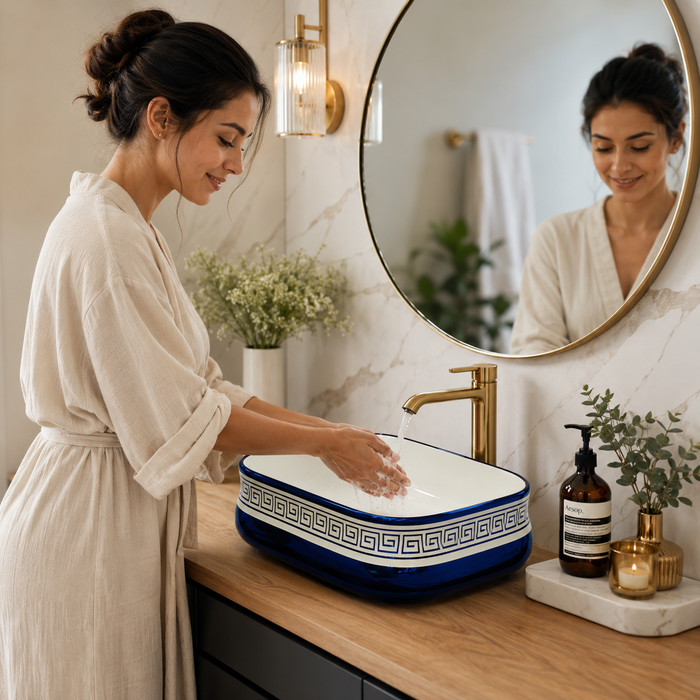Bassino Blue & White Greek Pattern Countertop Wash Basin – Premium Ceramic Vessel Sink (18.1" x 14.2" x 5.5")