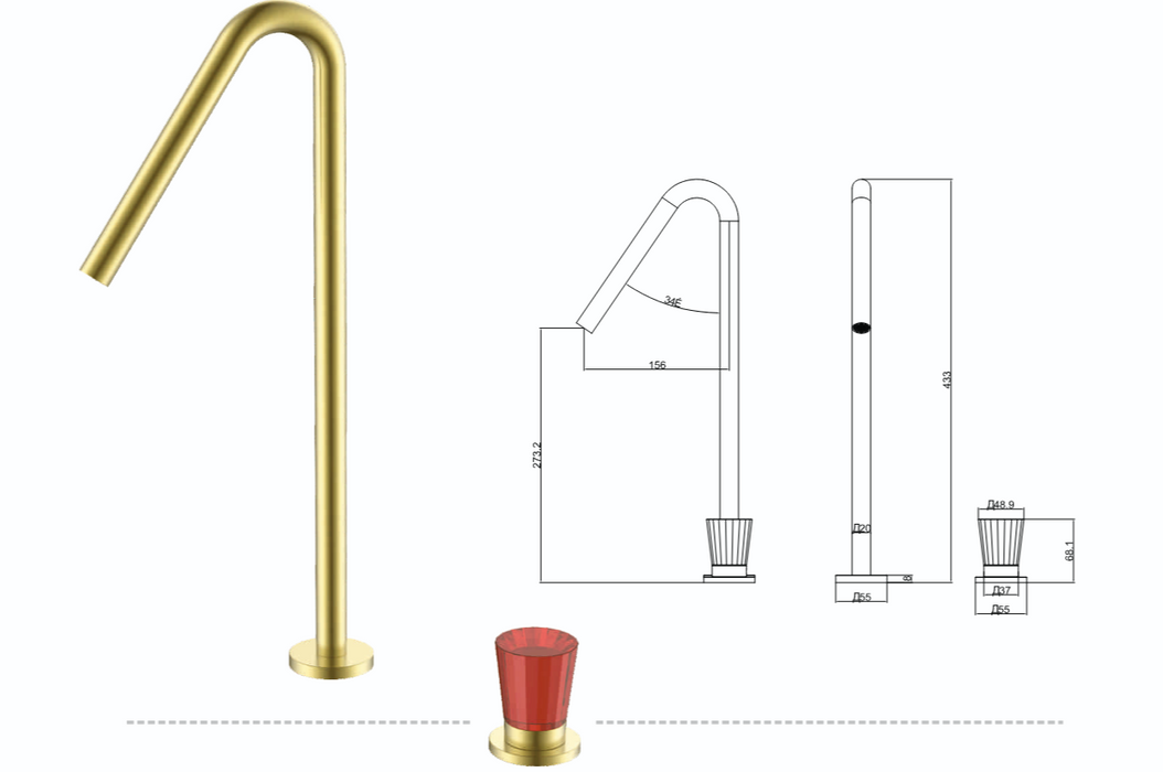 BASSINO Deck Mount Basin Mixer Tap – Brushed Gold | Crystal Handle | Luxury Single Lever Bathroom Faucet 273mm - 5 Years Warranty