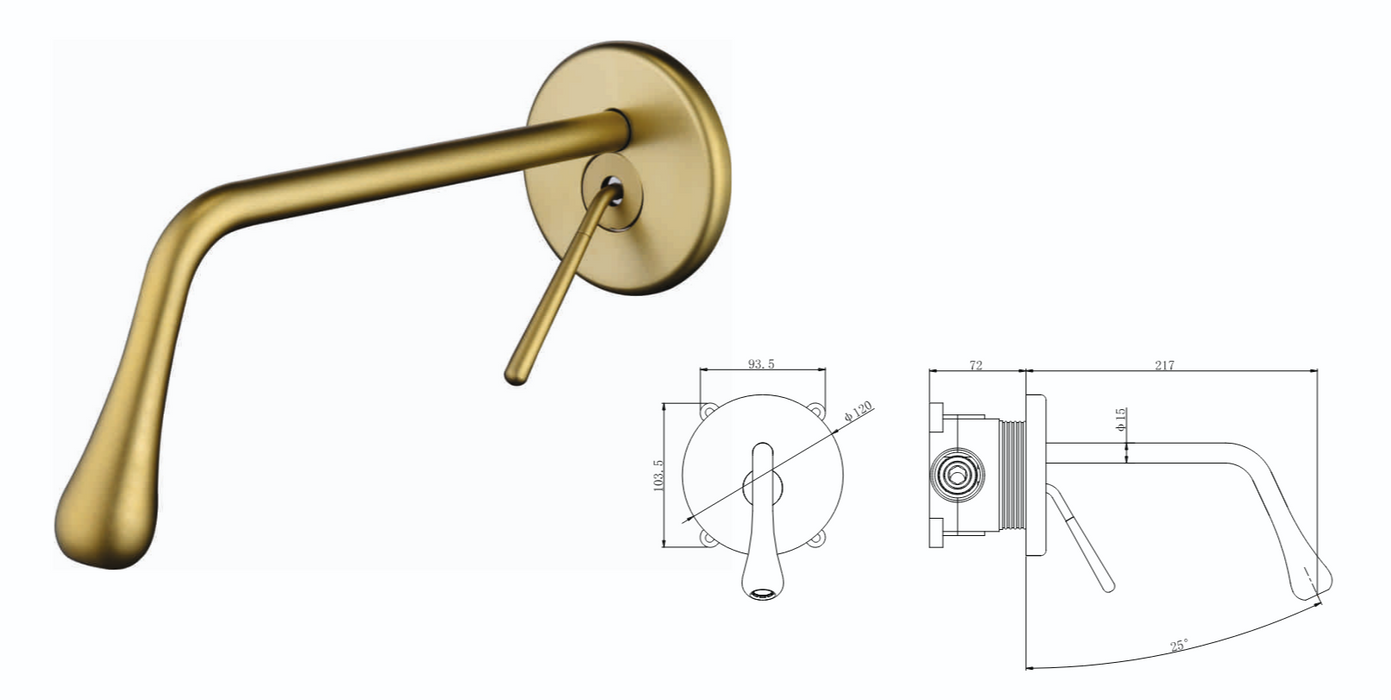 BASSINO Wall Mount Basin Mixer Tap | Brass Body | Modern faucet - 5 Years Warranty Brushed Gold