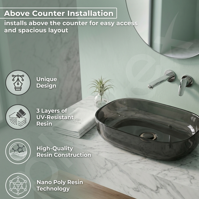 Bassino Modern Transparent Resin Wash Basin | Stylish Countertop Wash Basin for Bathroom–550x360x140 mm Black