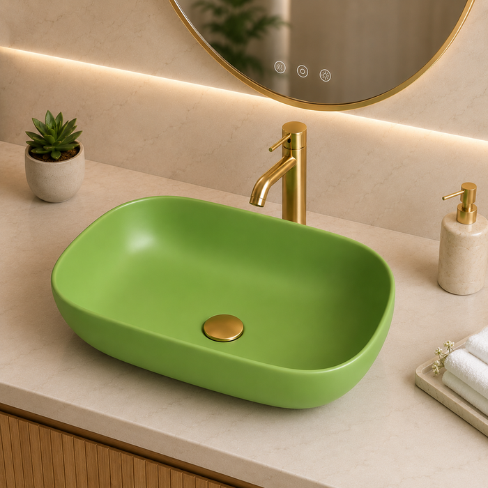 Bassino Matte Green Countertop Wash Basin – Modern Oval Ceramic Vessel Sink (17.9" x 12.8" x 5.5")