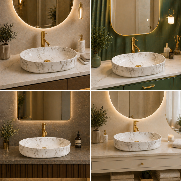 Bassino Marble Finish Ceramic Countertop Wash Basin – Luxury Oval Vessel Sink (22" x 14" x 6")