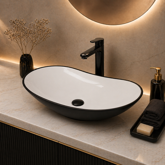 Bassino 25" Dual-Tone Oval Ceramic Countertop Wash Basin – Black Exterior & White Interior Vessel Sink (625 x 370 x 140 mm)